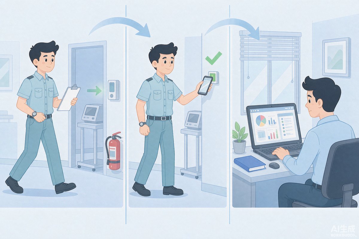 Security guard tapping an NFC checkpoint tag with a smartphone during a patrol